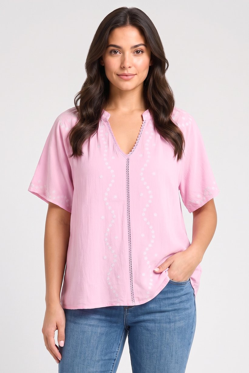 Women V-Neck Short Sleeve Embroidered Blouse, Multicolor