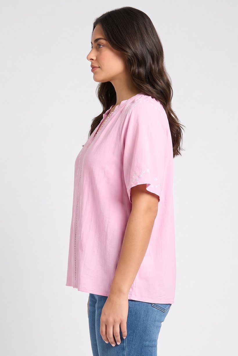 Women V-Neck Short Sleeve Embroidered Blouse, Multicolor