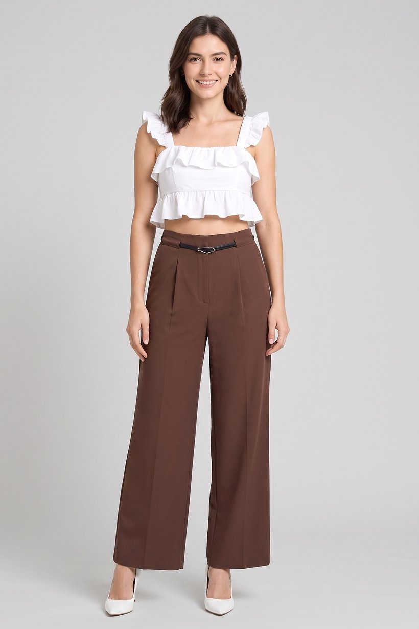 Women Regular Fit Plain Wide Leg Pants, Brown