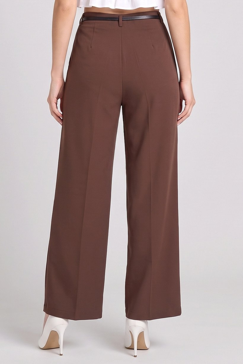 Women Regular Fit Plain Wide Leg Pants, Brown