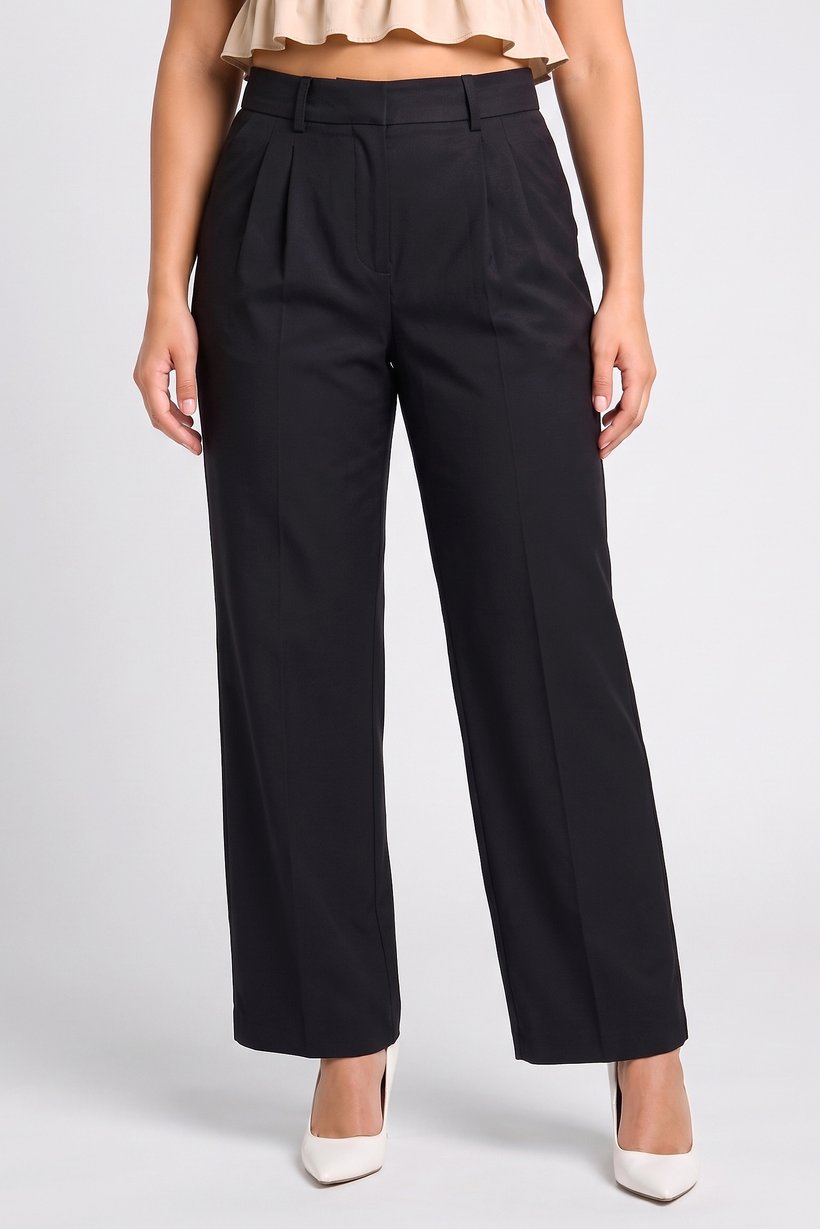 Women Regular Fit Plain Wide Leg Pants, Black