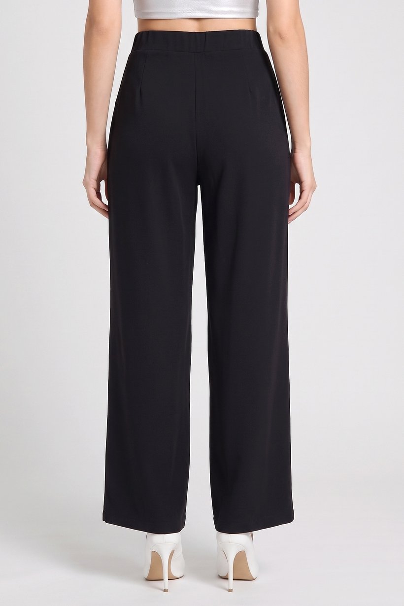 Women Regular Fit Plain Straight Leg Pants, Black