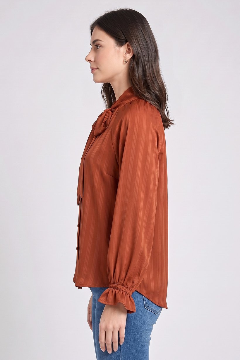 Nautica Jeans Co Women Tie Neckline Balloon Sleeve Textured Shirt, Brown