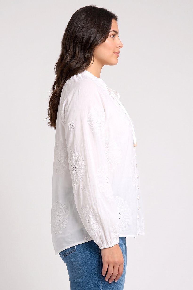 Women Tie Neckline Long Sleeve Embroidered Shirt, White