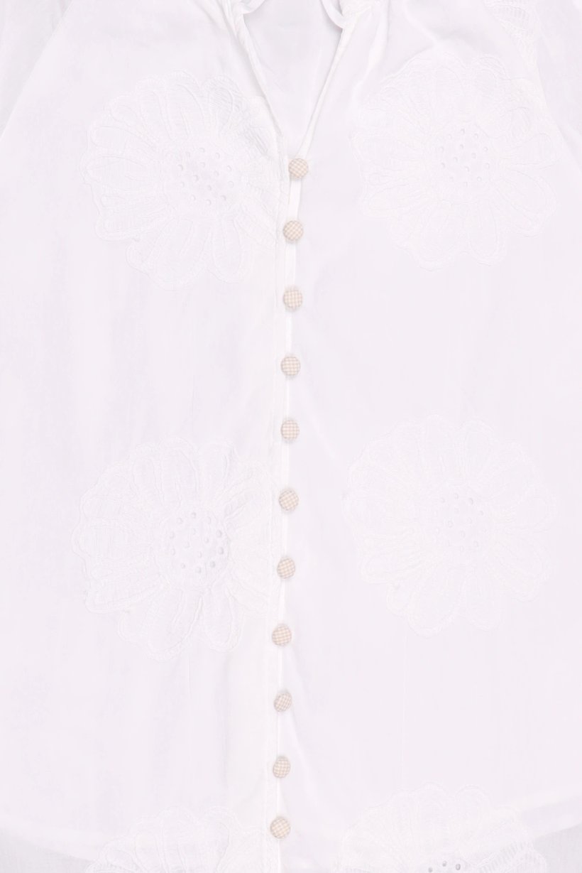 Women Tie Neckline Long Sleeve Embroidered Shirt, White