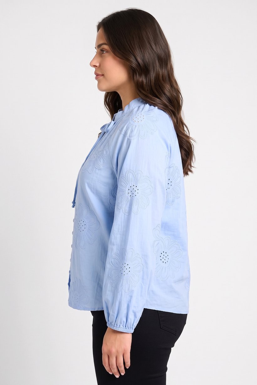 Women Tie Neckline Long Sleeve Embroidered Shirt, Light Blue