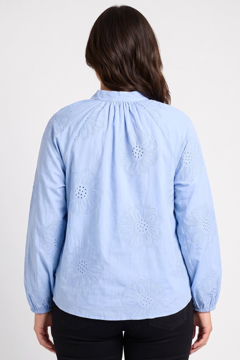 Women Tie Neckline Long Sleeve Embroidered Shirt, Light Blue