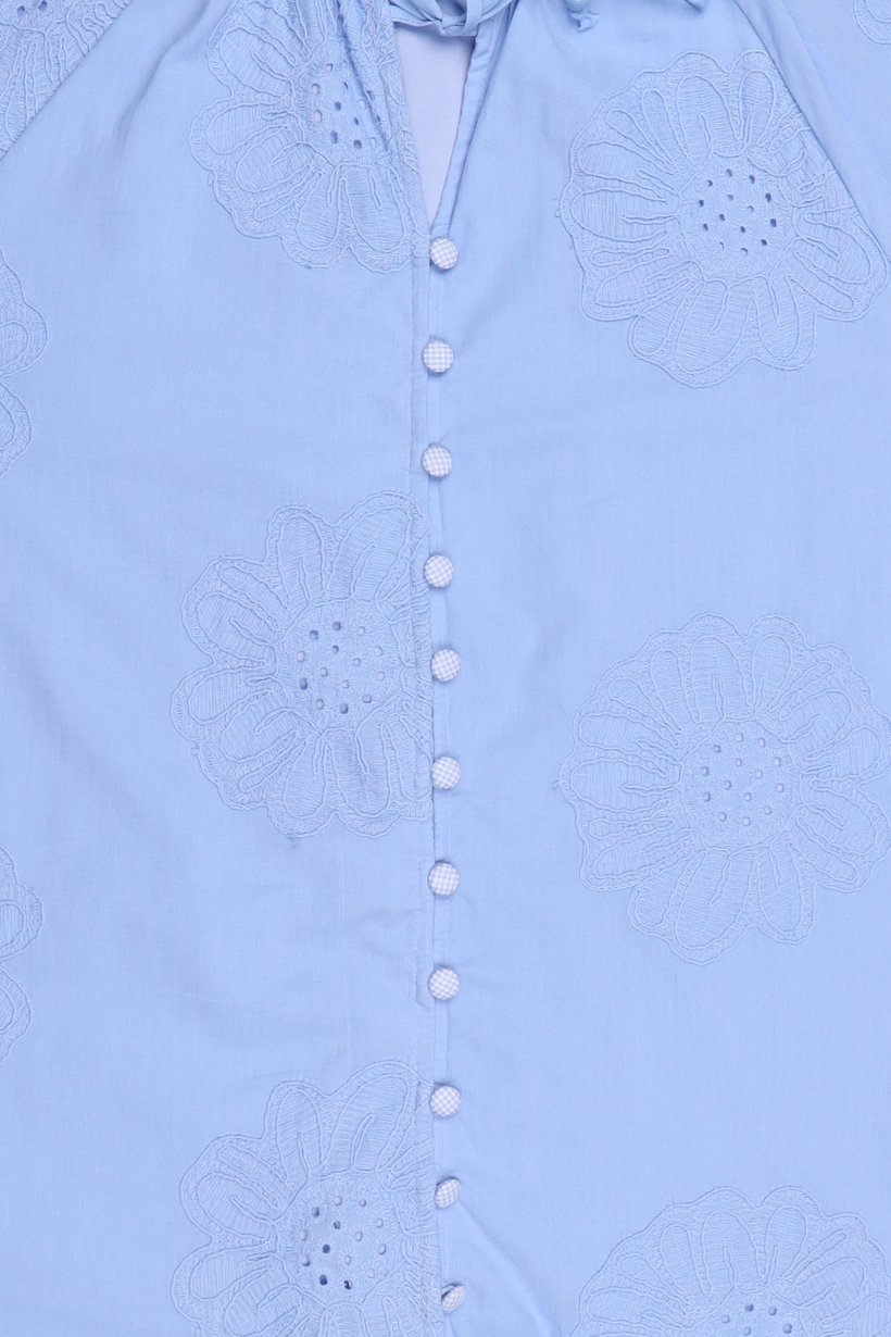 Women Tie Neckline Long Sleeve Embroidered Shirt, Light Blue