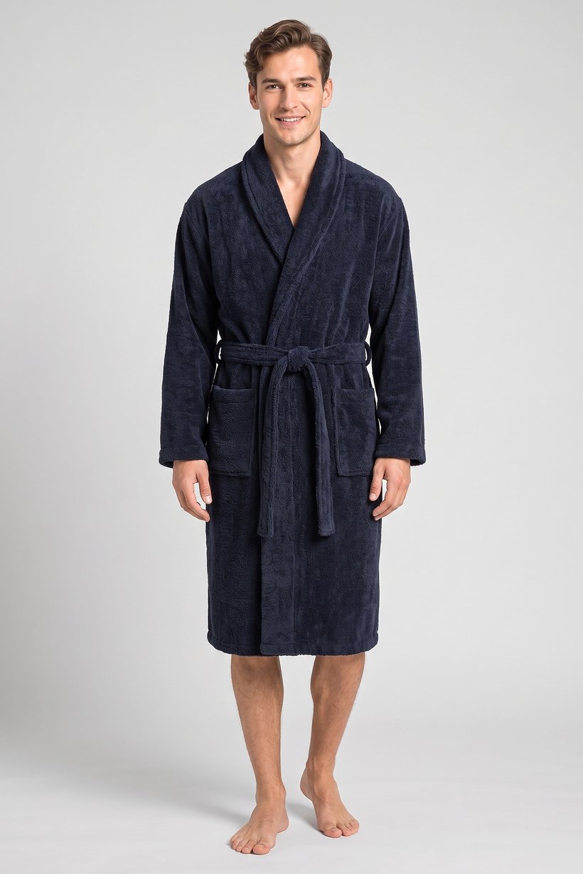 Men Textured Bath Robe, Dark Navy