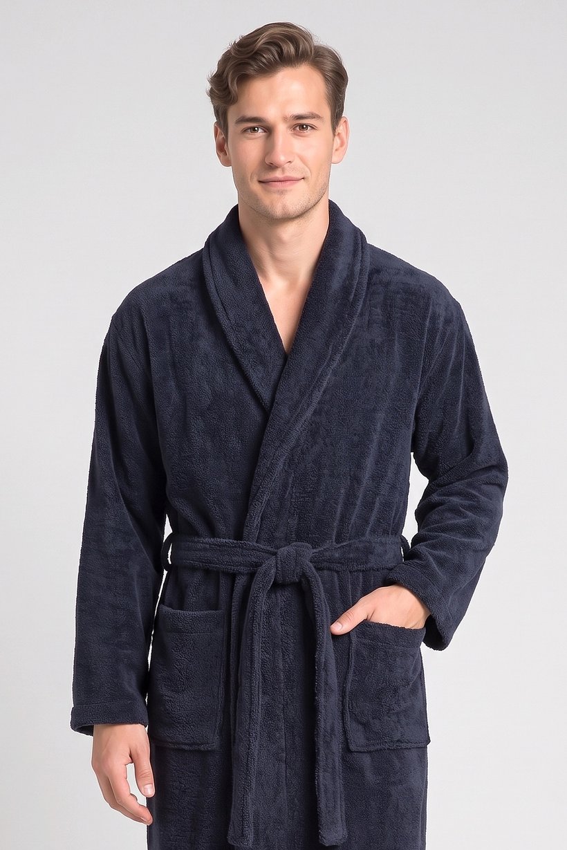 Men Textured Bath Robe, Dark Navy