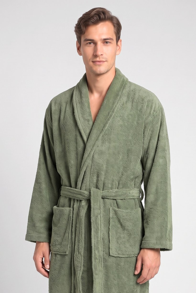 Men Terry Belted Robe, Olive