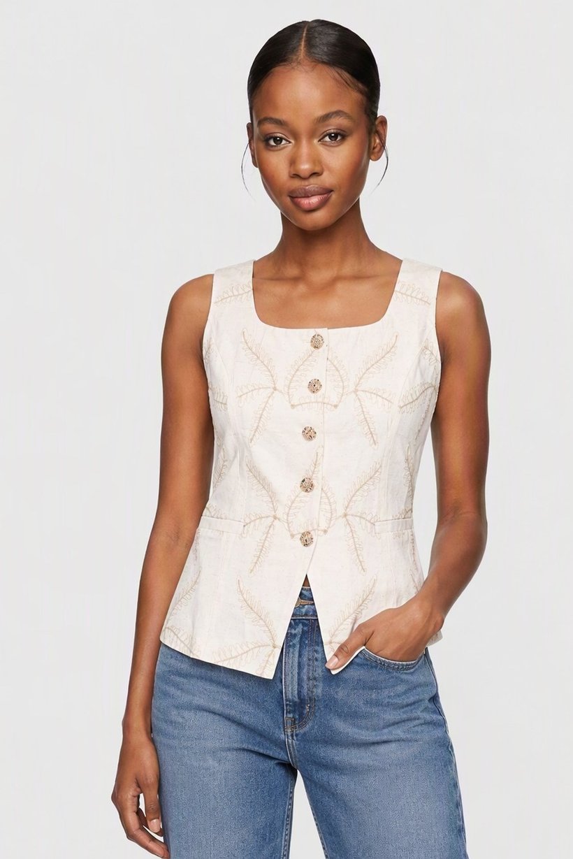 Women Square Neck Sleeveless Embroidered Tank Top, Beige