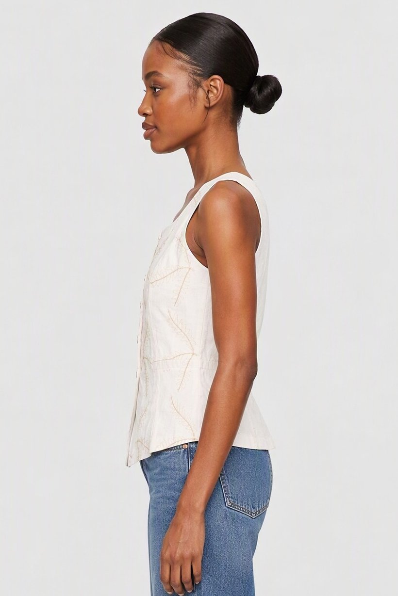 Women Square Neck Sleeveless Embroidered Tank Top, Beige
