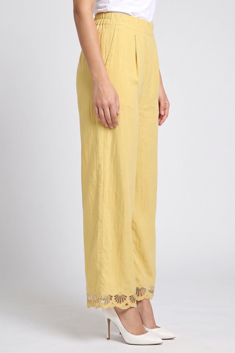 Women Regular Fit Embroidered Wide Leg Pants, Yallow