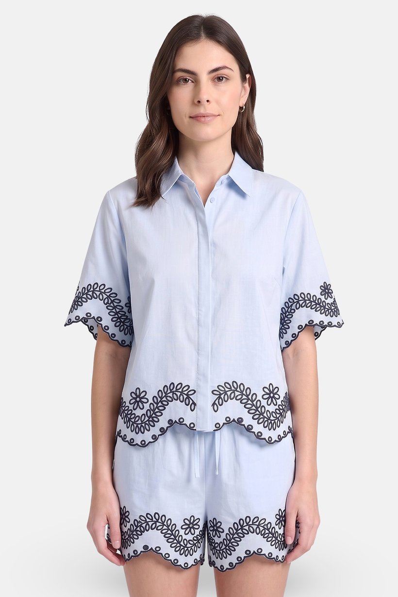 Women 2 Pcs Eyelet Short Sleeve Shirt And Shorts Set, Blue
