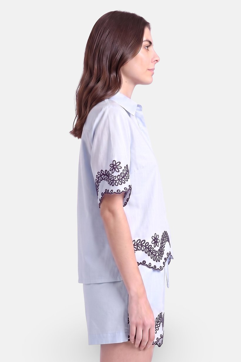 Women 2 Pcs Eyelet Short Sleeve Shirt And Shorts Set, Blue