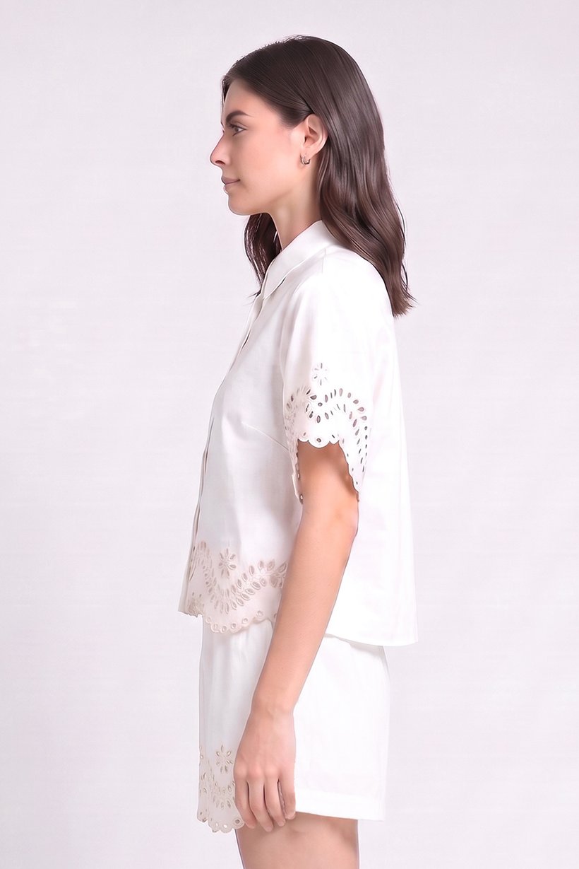 Women 2 Pcs Eyelet Short Sleeve Shirt And Shorts Set, Off-White