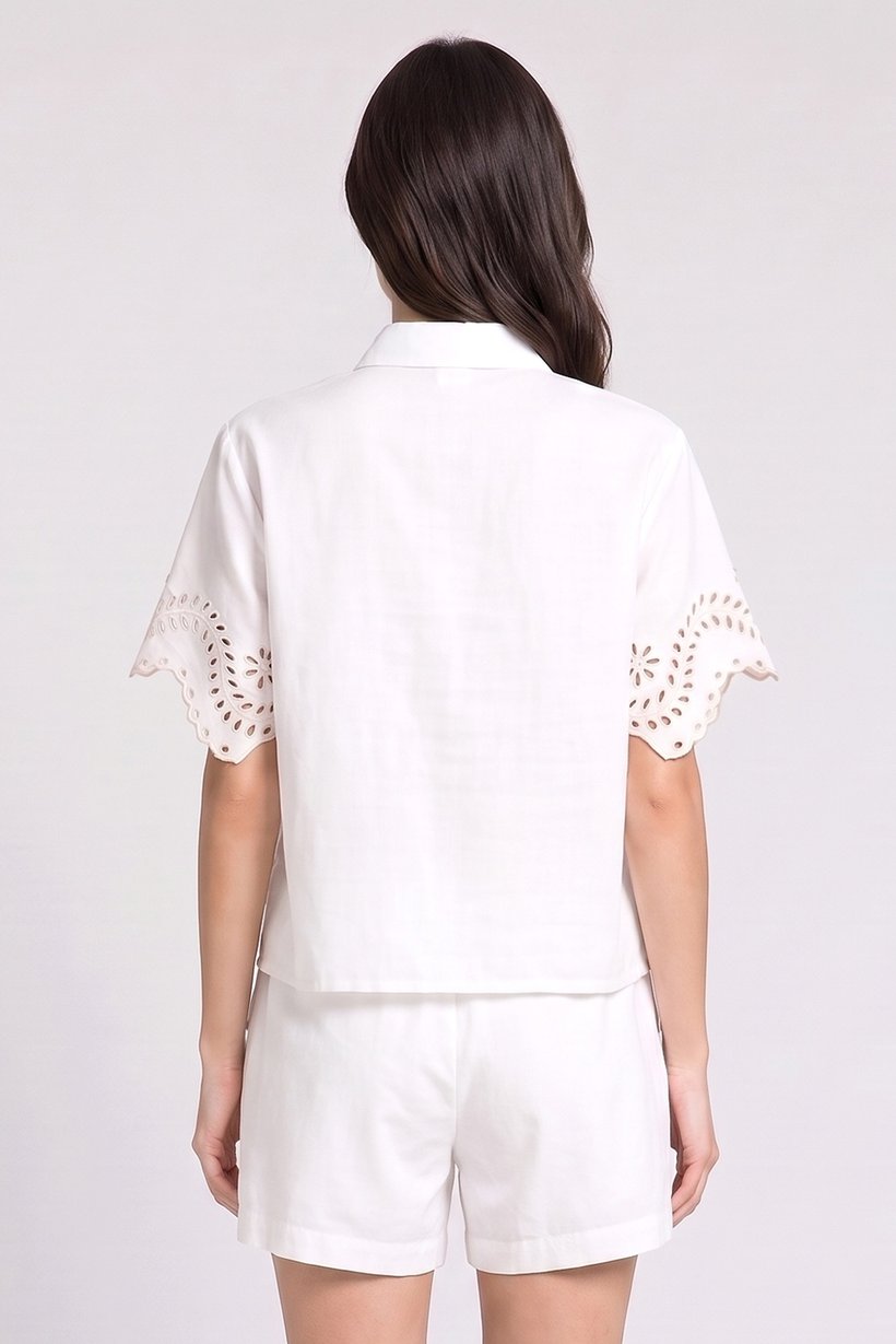 Women 2 Pcs Eyelet Short Sleeve Shirt And Shorts Set, Off-White