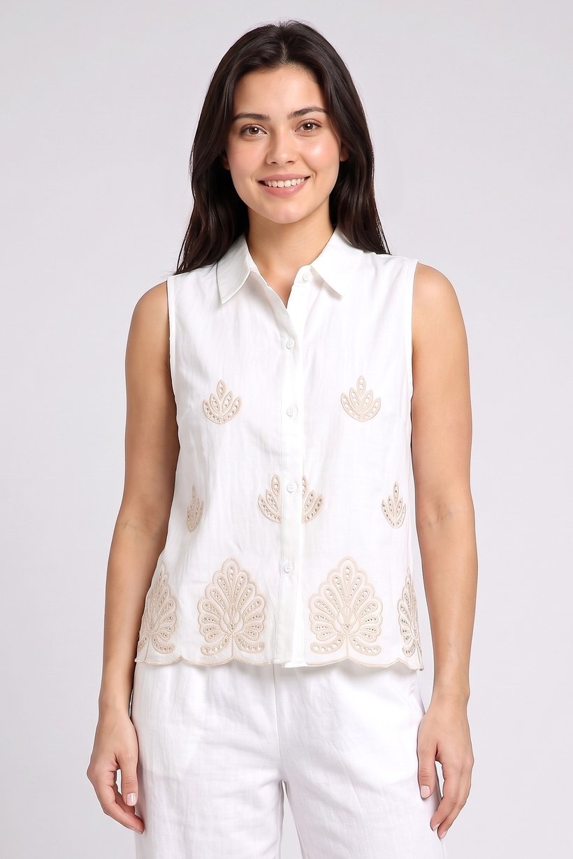 Women 2 Pcs Sleeveless Embroidered Shirt And Bottom Set, White