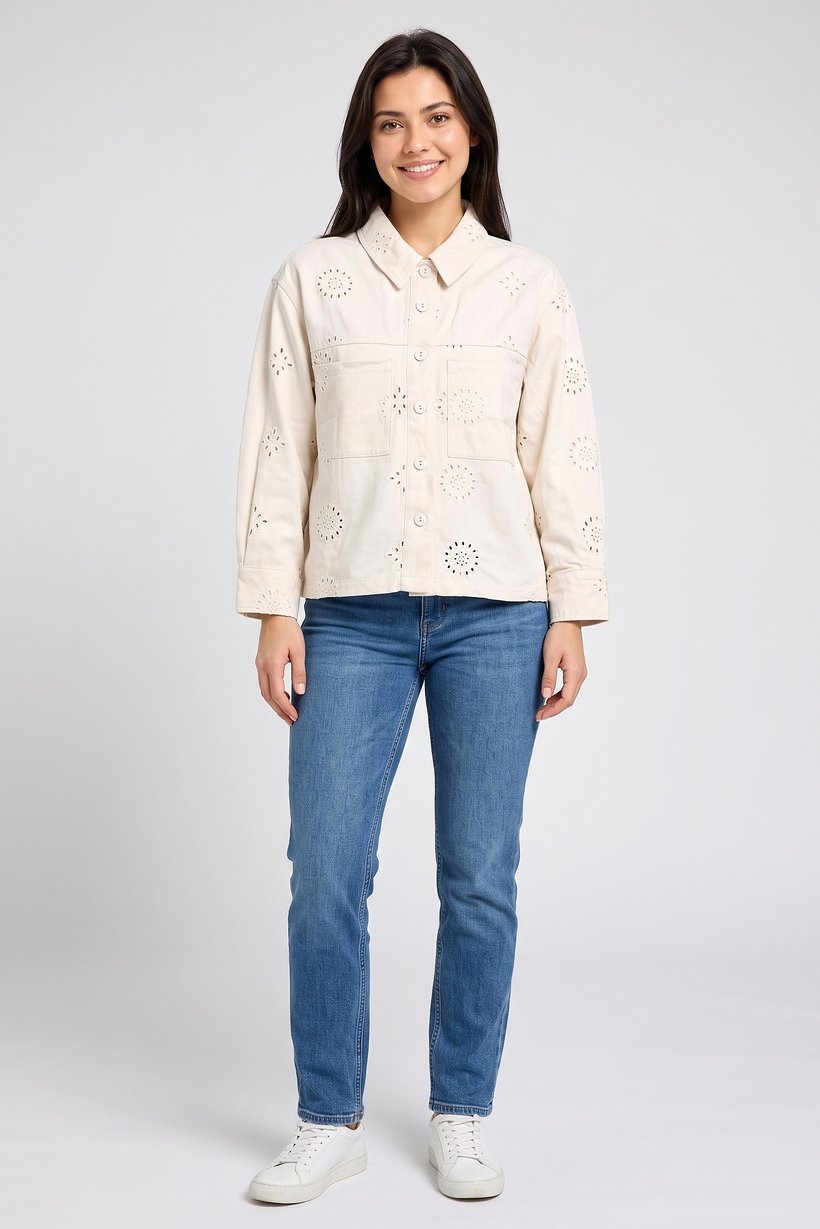 Women Embroidered Denim Jacket, Beige