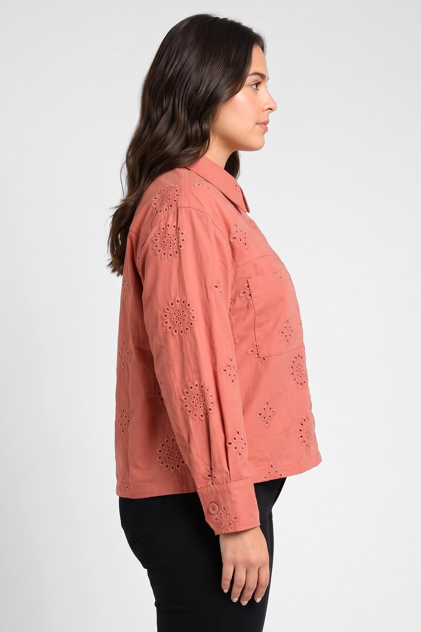 Women Spread Collar Long Sleeve Embroidered Shirt, Rust