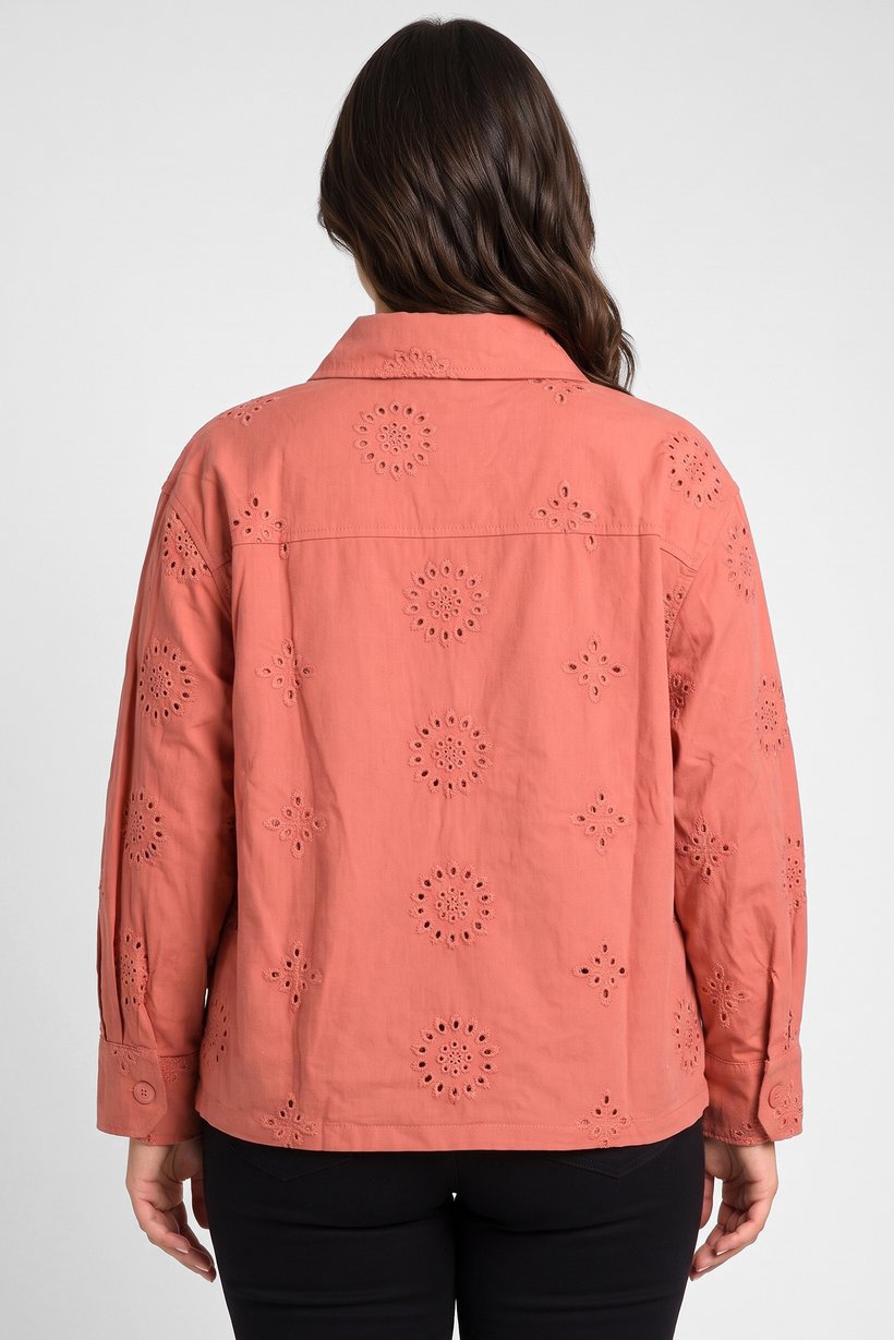 Women Spread Collar Long Sleeve Embroidered Shirt, Rust