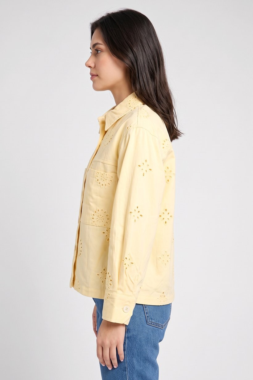 Women Spread Collar Long Sleeve Embroidered Shirt, Yellow