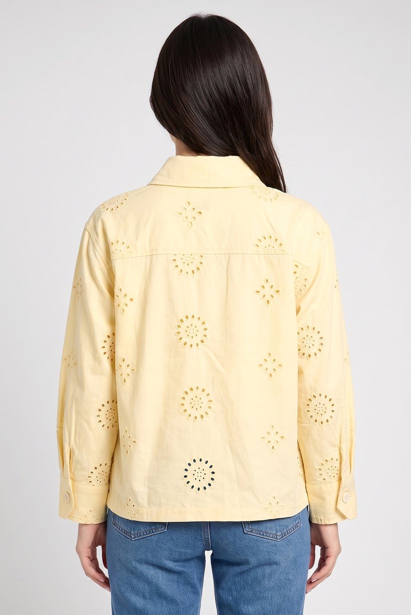 Women Spread Collar Long Sleeve Embroidered Shirt, Yellow