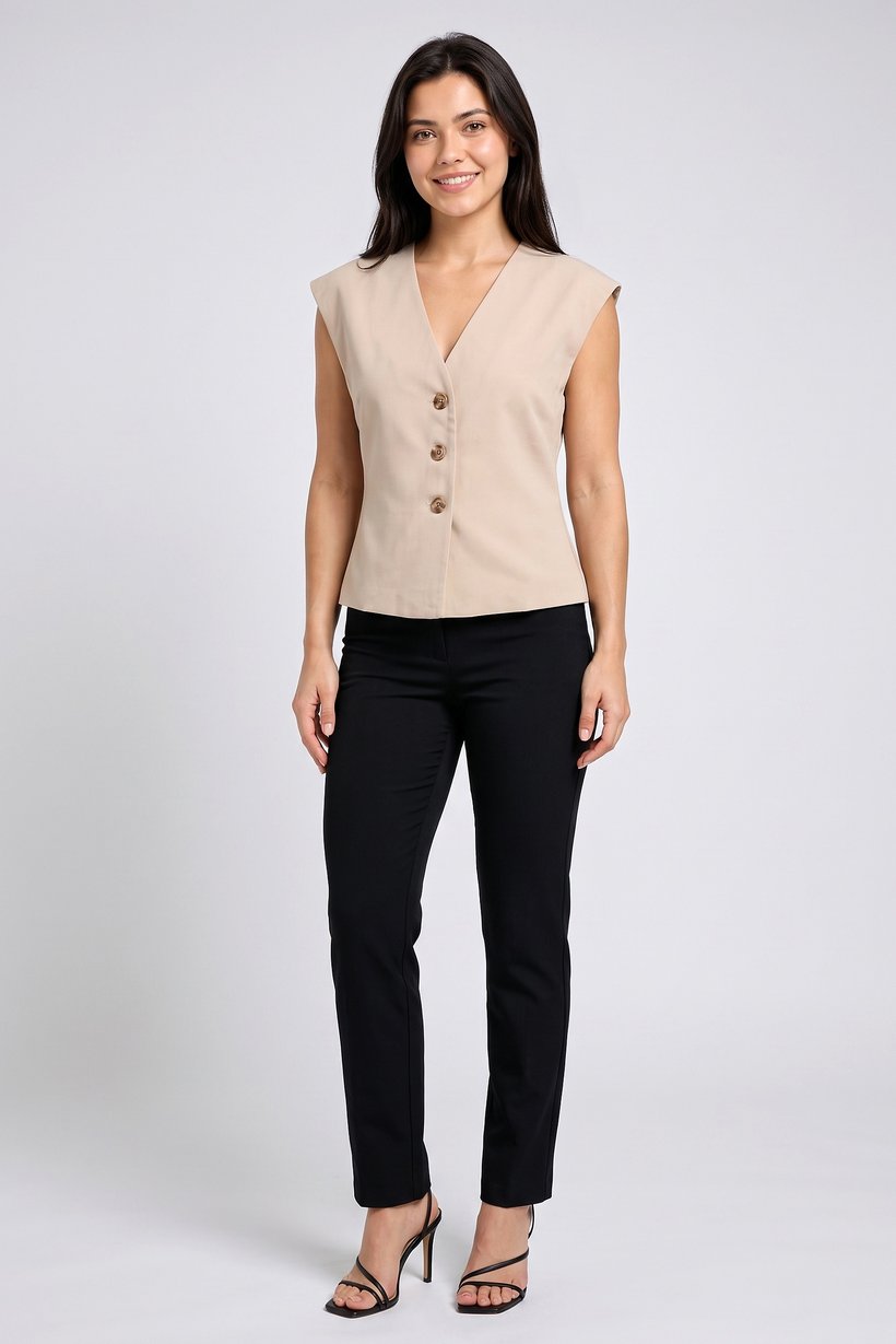 Women V-Neck Short Sleeve Plain Top, Beige