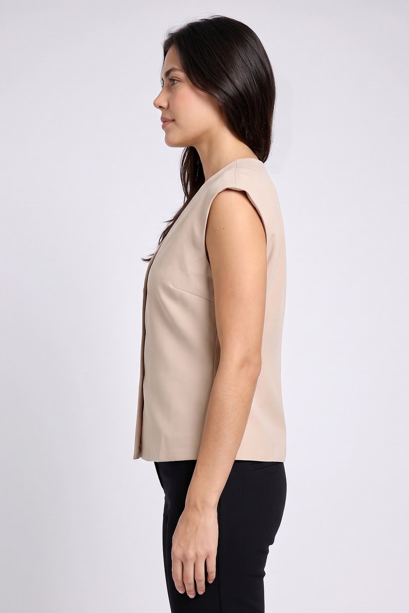 Women V-Neck Short Sleeve Plain Top, Beige