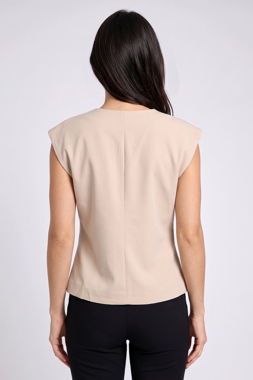 Women V-Neck Short Sleeve Plain Top, Beige