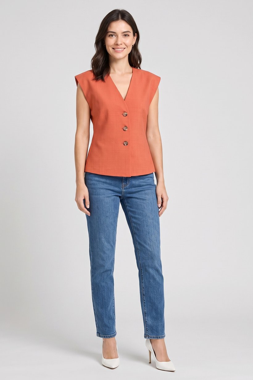 Women V-Neck Cap Sleeve Plain Top, Rust
