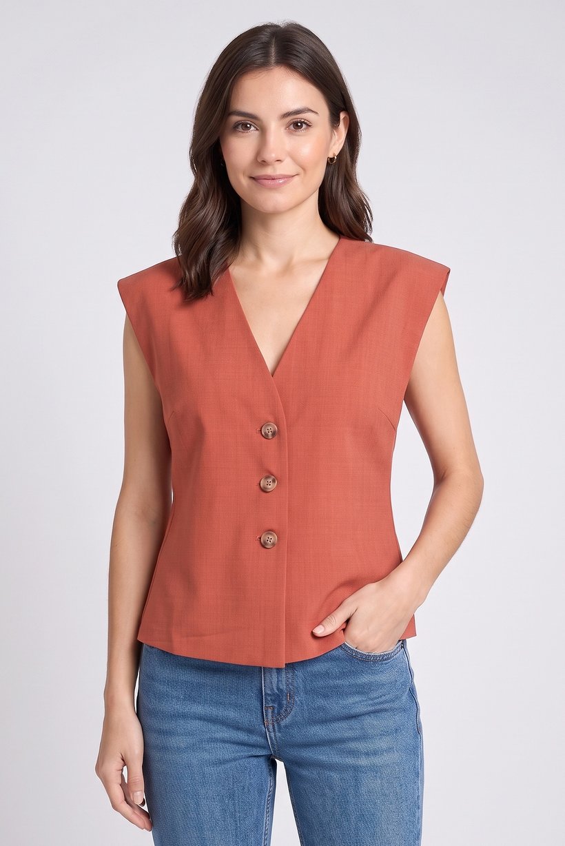 Women V-Neck Cap Sleeve Plain Top, Rust