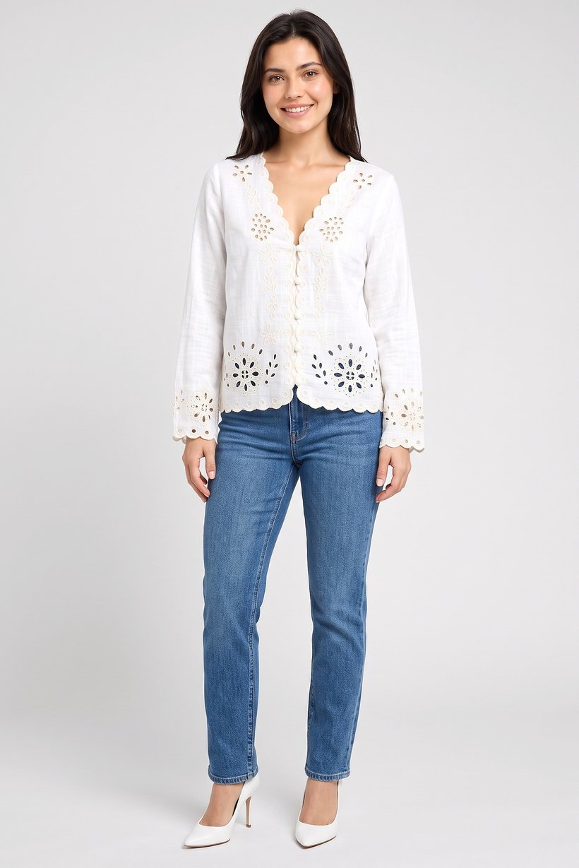 Women V-Neck Long Sleeve Embroidered Shirt, Beige