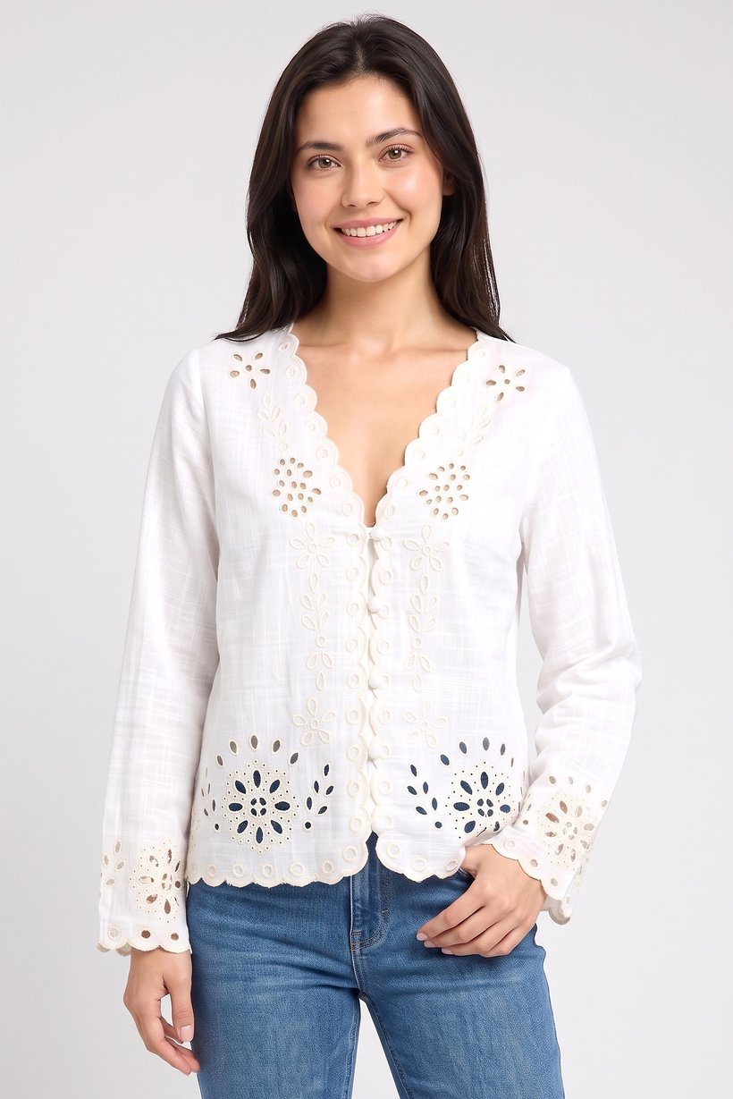 Women V-Neck Long Sleeve Embroidered Shirt, Beige