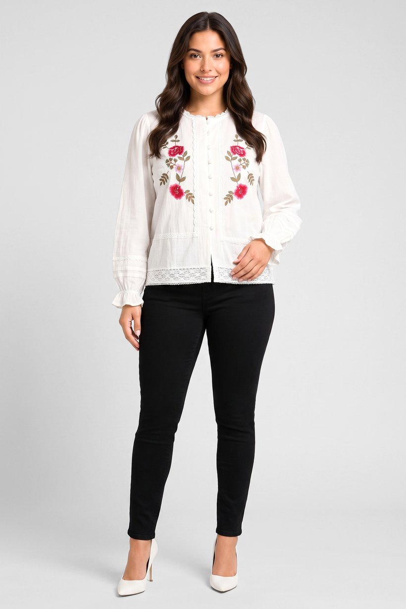 Women Ruffle Neck Embroidered Long Sleeve Shirt, White