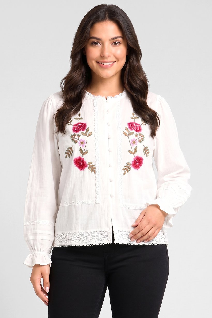 Women Ruffle Neck Embroidered Long Sleeve Shirt, White