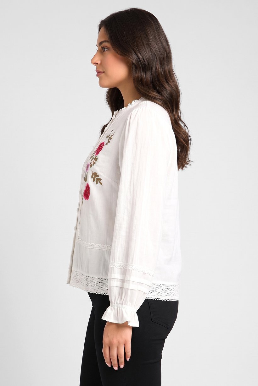 Women Ruffle Neck Embroidered Long Sleeve Shirt, White