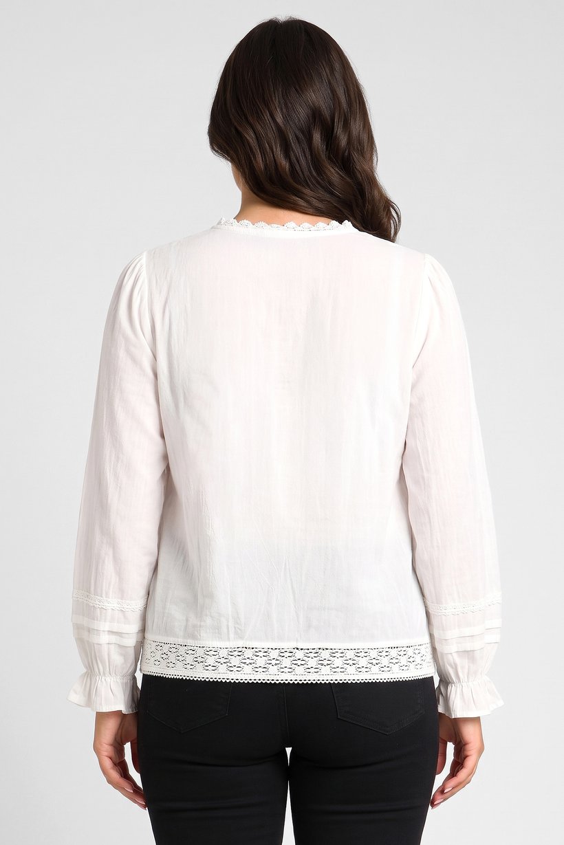 Women Ruffle Neck Embroidered Long Sleeve Shirt, White