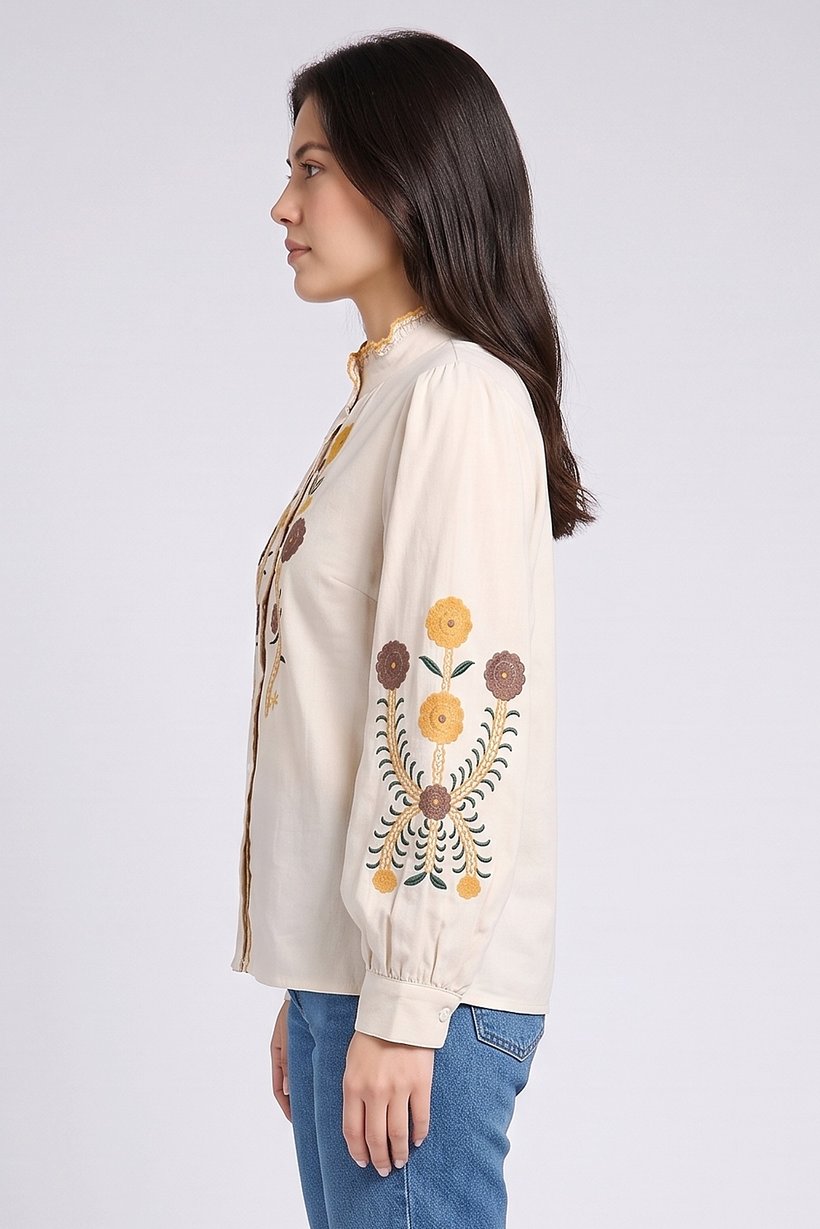 Women Ruffle Neck Embroidered Long Sleeve Shirt, Beige