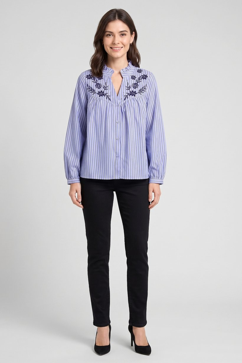 Women V-Neck Long Sleeve Stripe Blouse, Multicolor