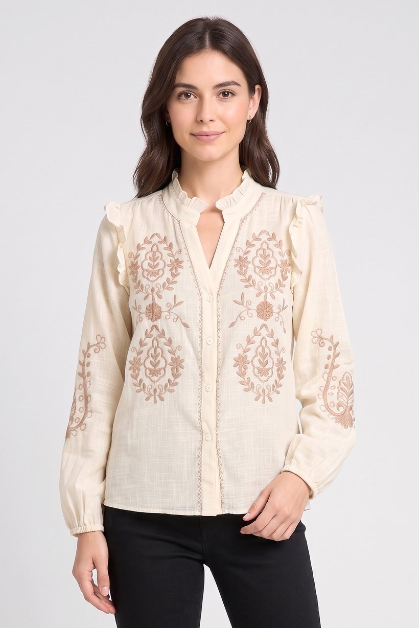 Women V-Neck Embroidered Long Sleeve Blouse, Beige