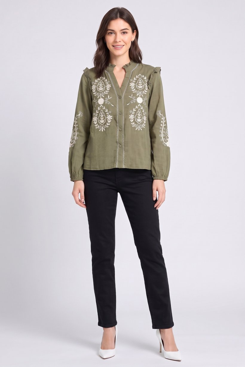 Women V-Neck Embroidered Long Sleeve Blouse, Olive