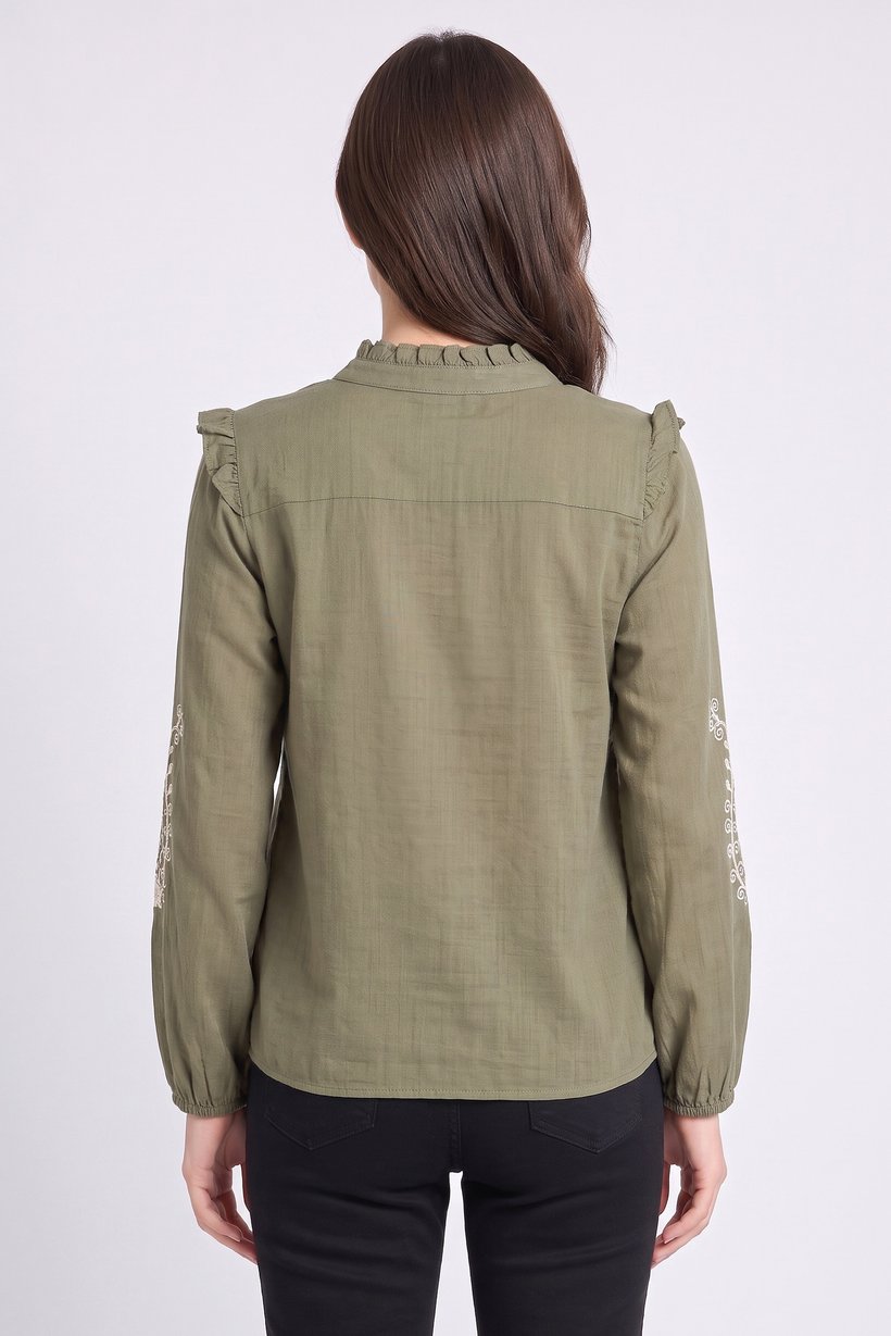 Women V-Neck Embroidered Long Sleeve Blouse, Olive