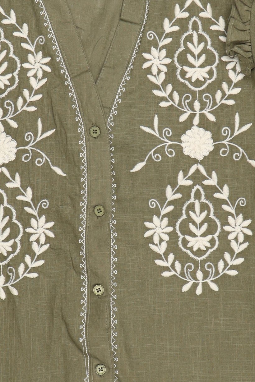 Women V-Neck Embroidered Long Sleeve Blouse, Olive