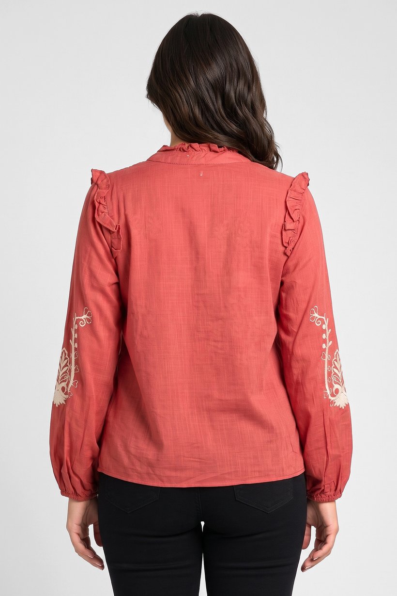 Women Ruffle Neck Long Sleeve Embroidered Shirt, Maroon