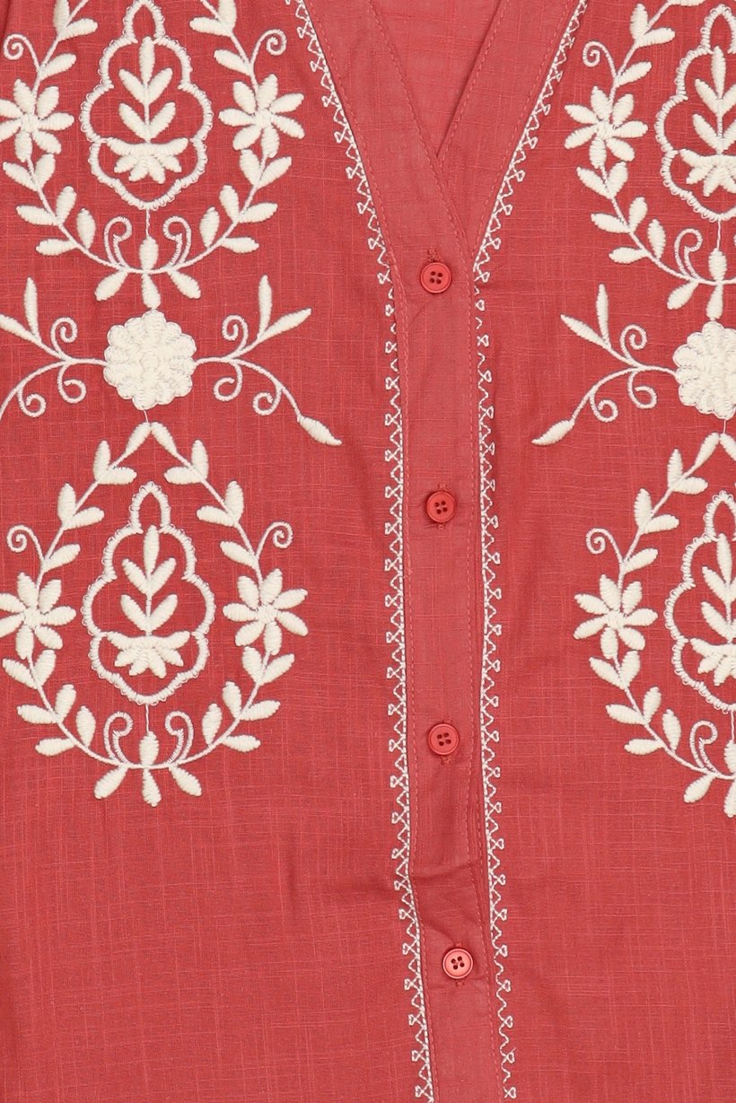 Women Ruffle Neck Long Sleeve Embroidered Shirt, Maroon