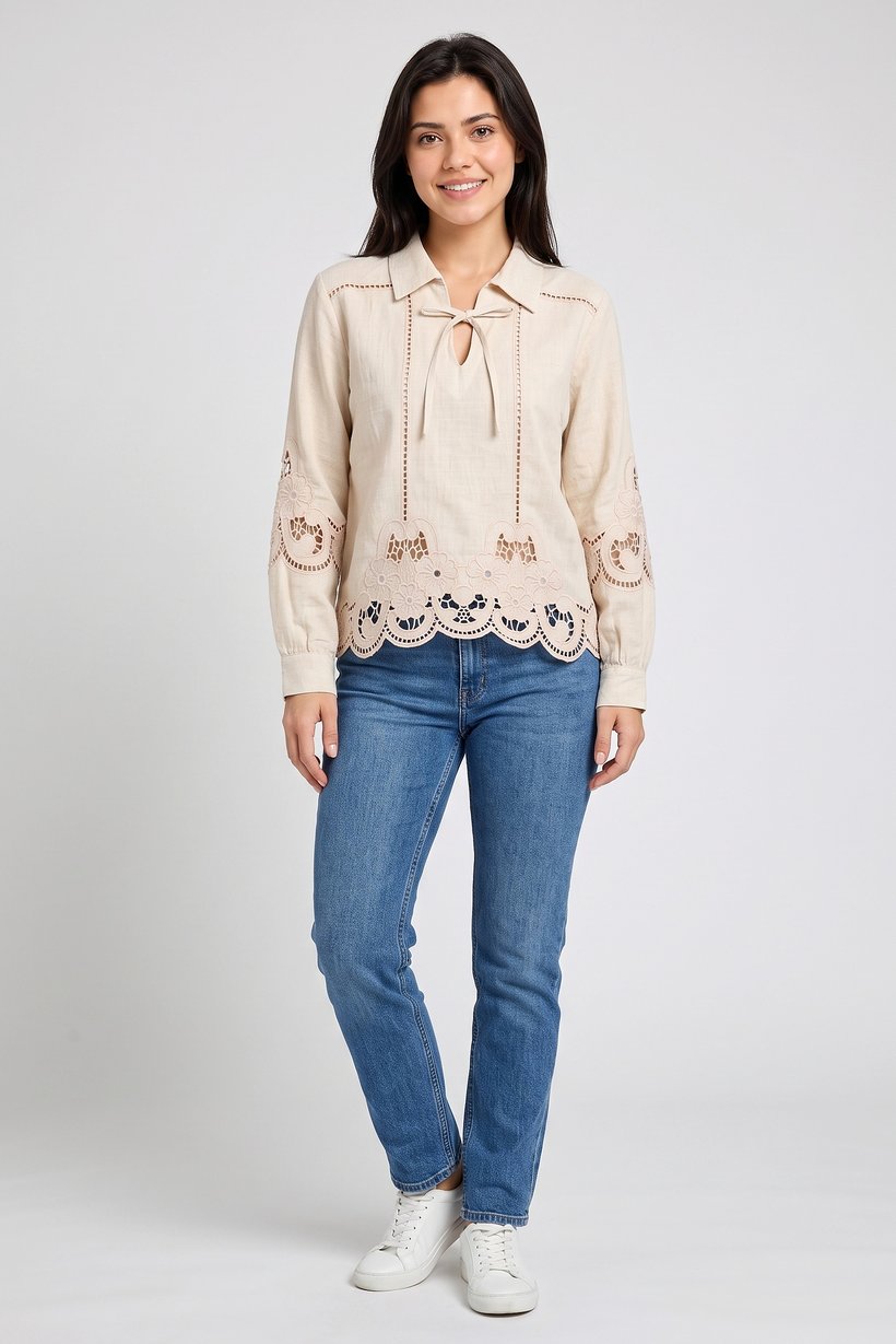 Women Tie Neckline Long Sleeve Embroidered Blouse, Beige