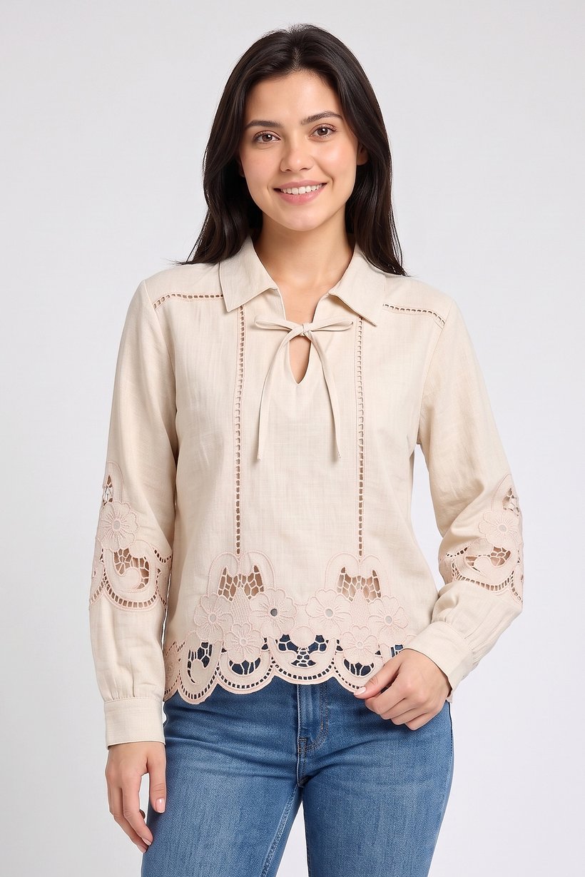 Women Tie Neckline Long Sleeve Embroidered Blouse, Beige