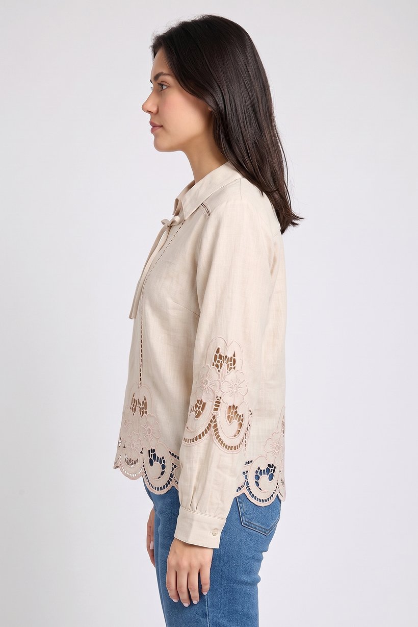 Women Tie Neckline Long Sleeve Embroidered Blouse, Beige